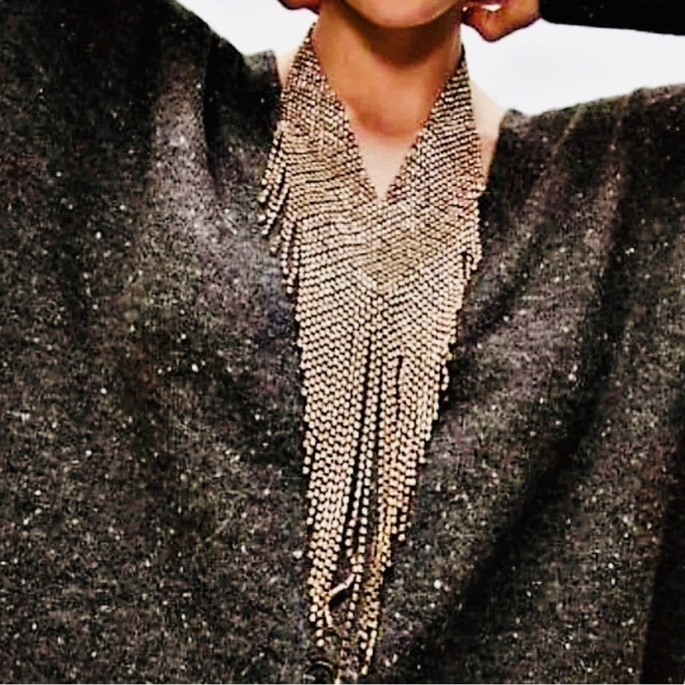 Vintage Natasha V-Shaped Rhinestone Bib Necklace Gold-Tone Statement Fringe - Picture 7 of 16